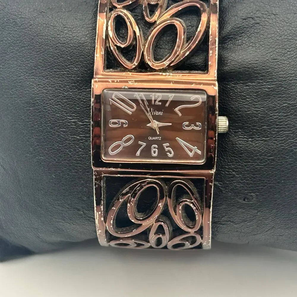 Vivani Women's Rose Gold Tone Wide Cuff Bangle Watch Working New Battery